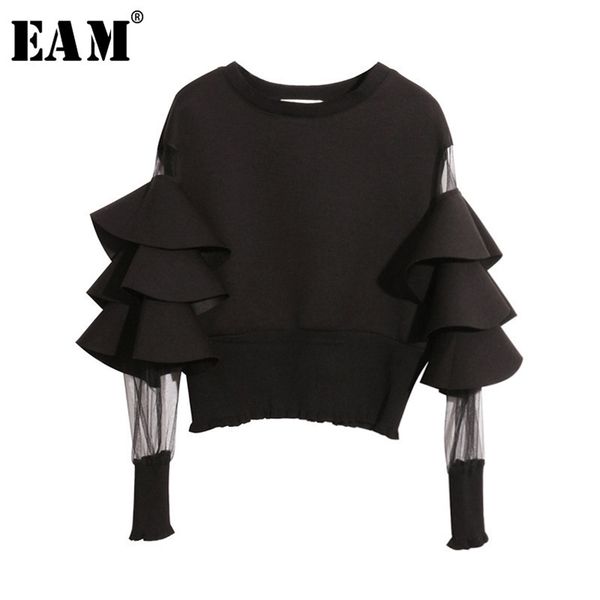 

[eam] spring round neck long sleeve solid color gauze split joint loose sweatshirt women fashion jc509 211109, Black