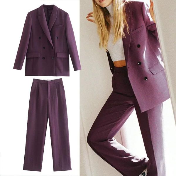 

women's two piece pants 2021 suit autumn winter fashion office double breasted blazer coat and high waist pant set female trouser su, White