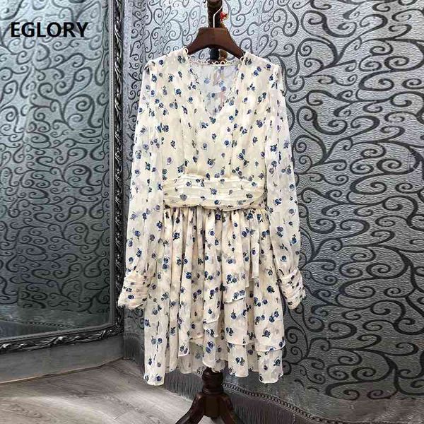 

dresses fashion autumn winter party chic woman v-neck blue little floral print pleated long sleeve beautiful, Black;gray