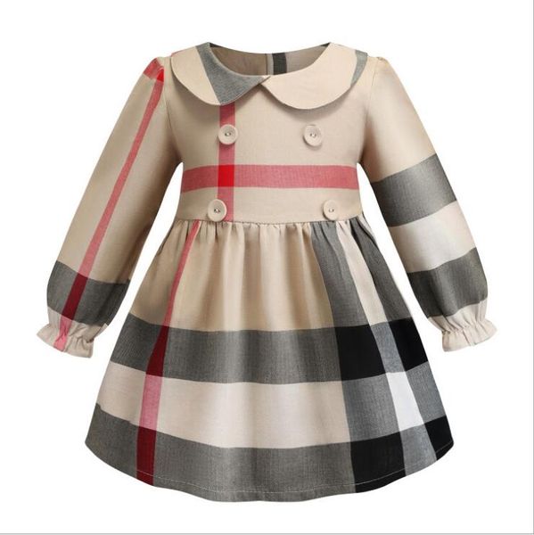 

Spring Autumn Baby Girls Long Sleeve Dress Cotton Kids Plaid Princess Dresses Turn-down Collar Children Skirt Child Clothes 2-7 Years, As picture