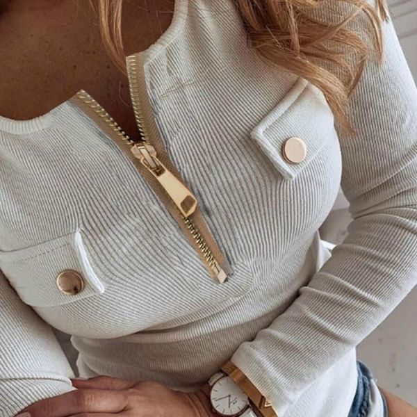 

women's t-shirt women spring long sleeve fashion v-neck zipper clothing solid button knitted casual female t-shirts, White