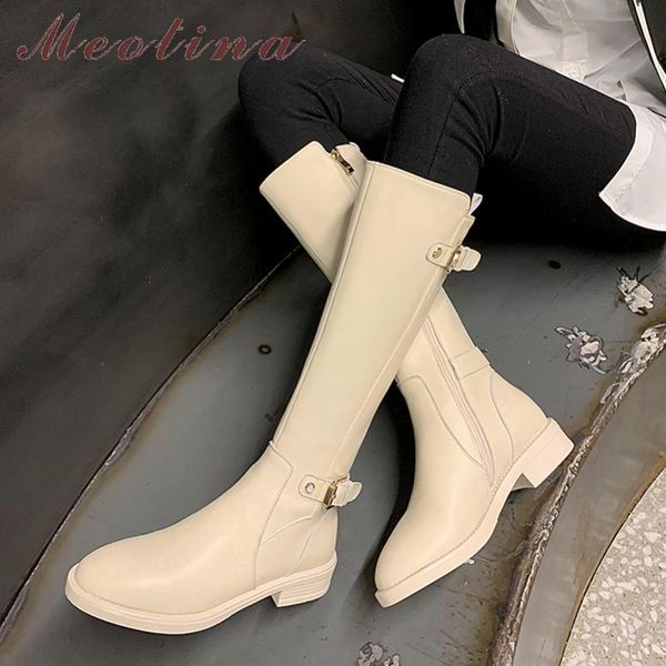 

boots meotina women genuine leather riding thick med heel ladies zipper buckle round toe knee high autumn winter, Black