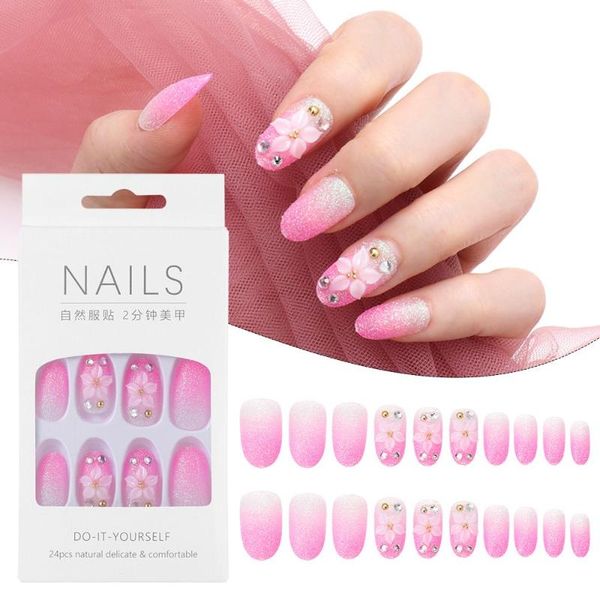 

false nails nail art pink net celebrity long jelly gum fake round tip flower pattern, Red;gold