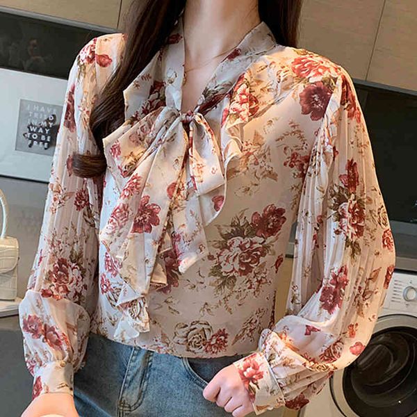 

long sleeve ruffles v-neck print chiffon blouse blusa blouse women blusas mujer de moda womens and blouses d818 210426, White