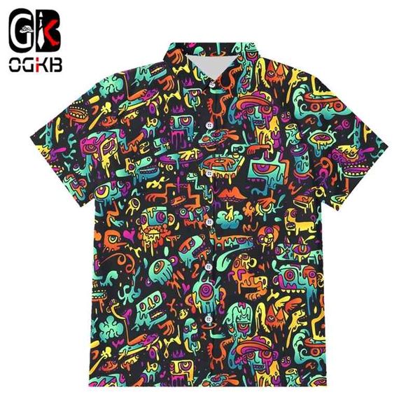 OGKB 3D engraçado Botão de impressão psicodélico em Hipster Casual Abstrato Abstrato Anime Graffiti Camisa de Manga Curta Streetwear 210626