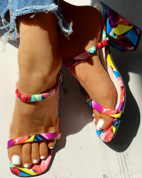 

slippers women high heel colorful sweet summer sandals open toe square plus size pumps shoes, Black