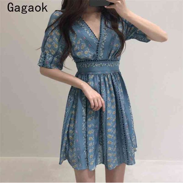 

women vintage a-line dress summer v-neck puff sleeve floral print dresses empire slim chic simple wild vestidos 210531, Black;gray