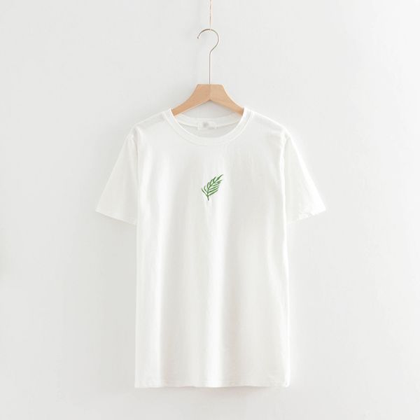 

white yellow leaf leaves embroidery short sleeve o neck tees t shirt casual women female b0121 210514