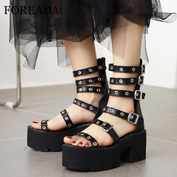 

sandals foreada woman gladiator shoes goth style buckle high block heels platform round toe narrow band summer 44, Black
