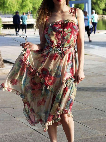 

dress Summer Strap Runway Collection Ruffles Flower Bohemian Vacation, Black;gray