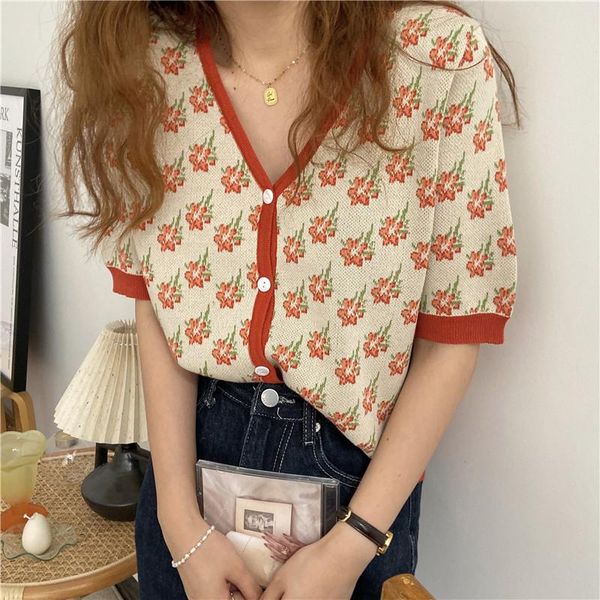 

women's t-shirt summer loose flower knitted single-breasted thin short-sleeved, White
