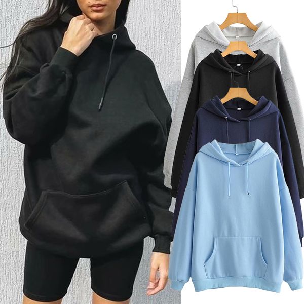 

women's hoodies & sweatshirts women fleece hoodie sweatshirts winter japanese fashion solid color ladies pullovers warm pocket hoo, Black