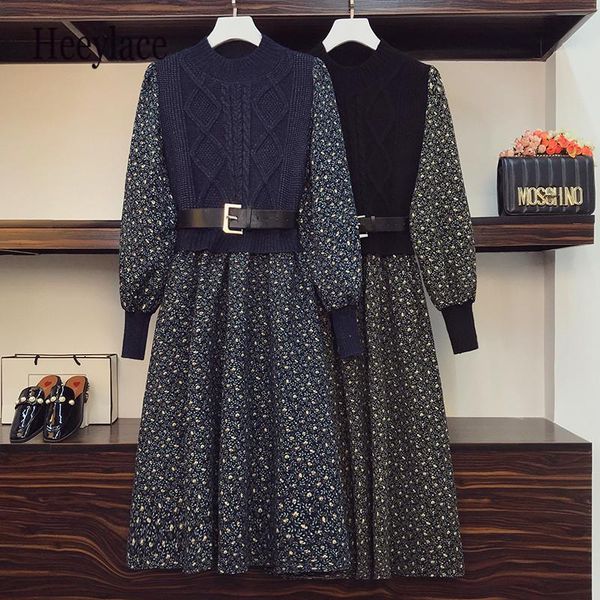 

casual dresses plus size autumn women long sleeve print patchwork knitted 4xl high waist a-line vestidos french vintage, Black;gray