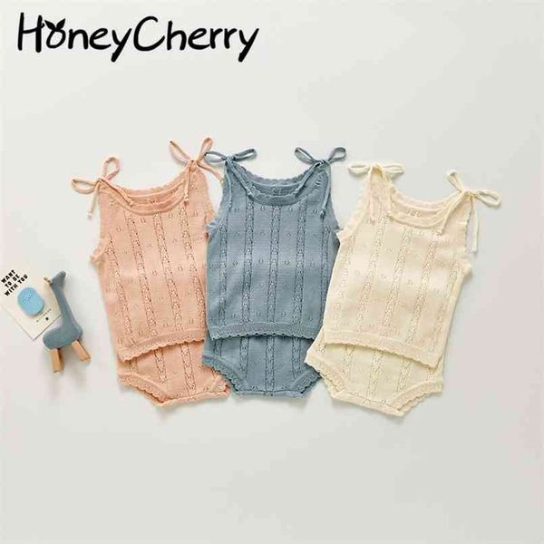 

summer girl baby hollow knit sling suit shorts binding vest cute two sets toddler clothes 210702, White
