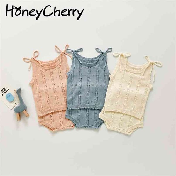 Sommer Mädchen Baby Hohl stricken Sling Anzug Shorts Bindung Weste niedlich zwei Sätze Kleinkind Kleidung 210702