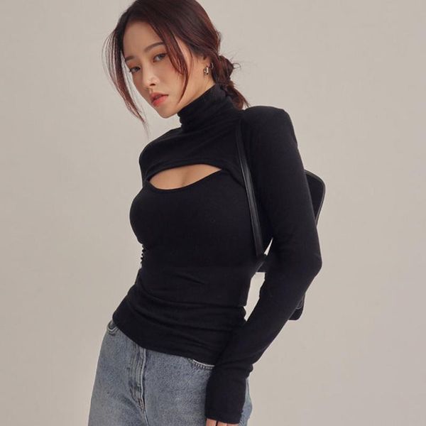 

women's sweaters 2021 autumn turtleneck long sleeve hollow out slim knitted pullover women fashion ribber knitwear korean style sweater, White;black