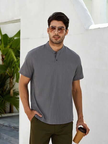 

men solid quarter button shirt r8in#, White;black