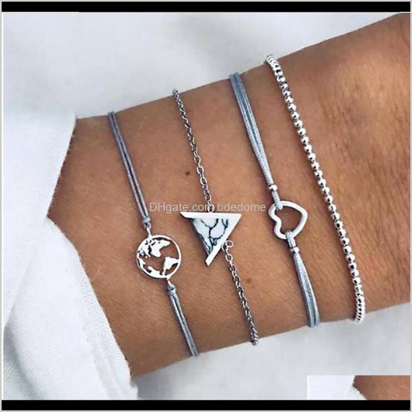 Charm Schmuck Drop Lieferung 2021 Armbänder Set 4 Stück Paket Weltkarte Herz Dreieck Aessory Weißer Stein Fassung Seil Perlenkette Silber Farbe P