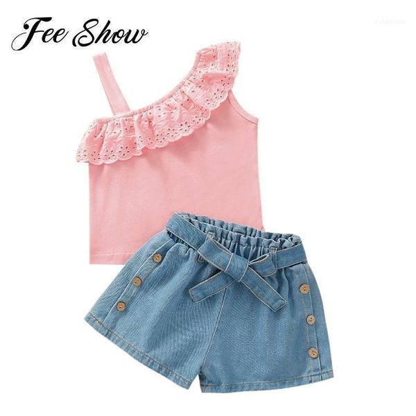 

clothing sets toddler baby girls 2pcs kids casual outfits summer one shoulder ruffles lace t-shirts sleeveless vest + elastic waistband, White