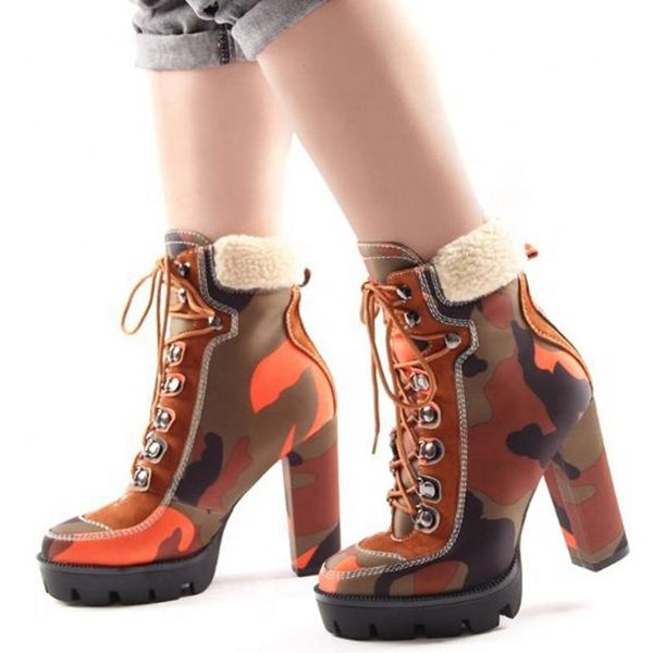 

boots fashion camouflage front lace up platform women short booties chunky high heel round toe ankle for ladies big size 43, Black