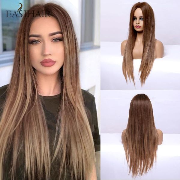 

long straight brown ombre synthetic wigs middle part for women natural hair fashion heat resistant1, Black
