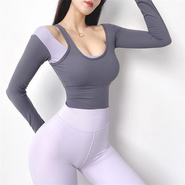 

yoga outfit inner padded fitness workout long sleeve shirts women naked feel relaxed fit training exercise sport