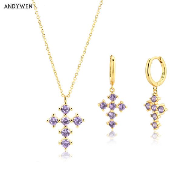 

andywen 925 sterling silver gold purple cross pendant necklace chain drop earring circle hoop luxury women jewelry crystal 210608