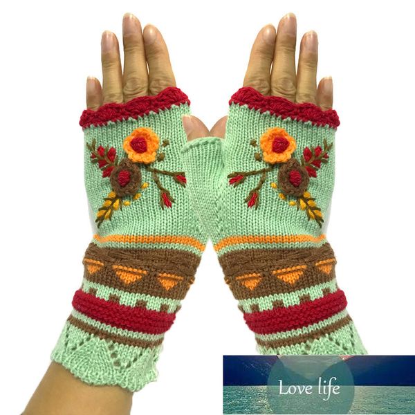 

women warm knitting hand hook jacquard knitted half-finger winter gloves mittens handmade flower embroidery gloves, Blue;gray