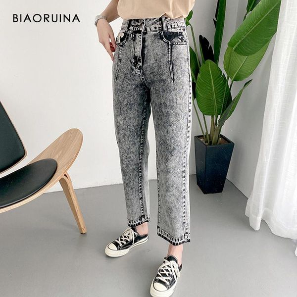 

women's jeans biaoruina smoky vintage high waist straight daddy female loose fashion pockets embroidery streetwear, Blue