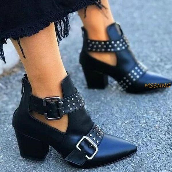 

boots women's vintage hollow ankle pointed toe rubber square heel gothic shoes punk fashion buckle strap women, Black