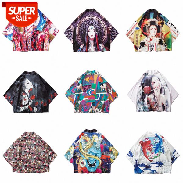

japanese xiaoqing beach shirt wave crane carp print road gown #qw1g, White;black