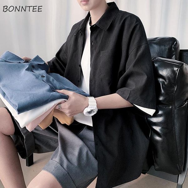 

men's casual shirts men oversize single breasted solid half sleeve shirt summer leisure japanese style pockets all-match fashion hombr, White;black