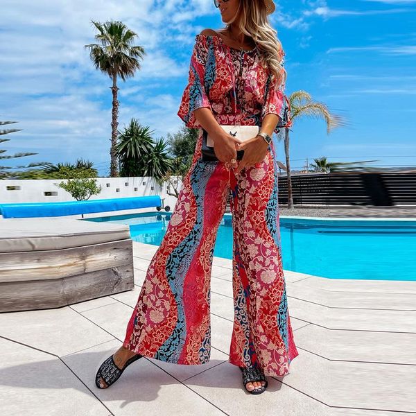 

vintage floral print two piece sets off shoulder tassel + wide leg pants suit 2021 spring summer holiday casual outfits women's, White