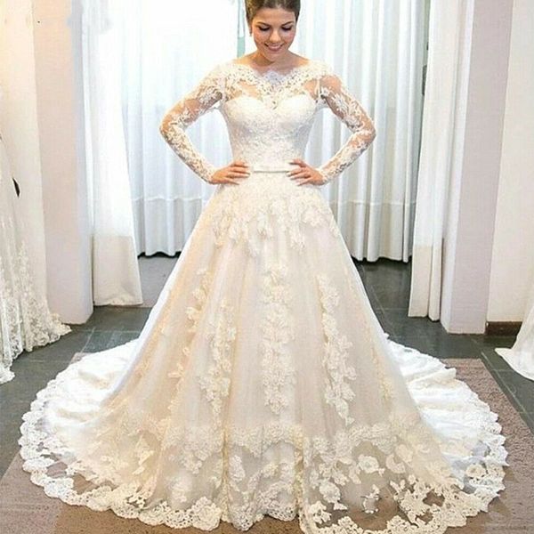 

lace long sleeve wedding dresses tulle appliques a line beach gown sweep train, White