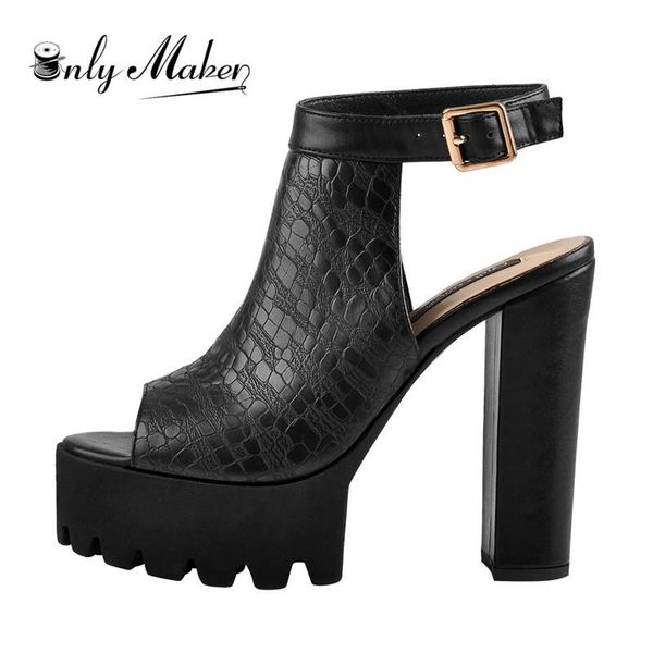 

onlymaker women 13~14cm peep toe thick round heels platform ankle strap chunky heel black sandals for summer plus size