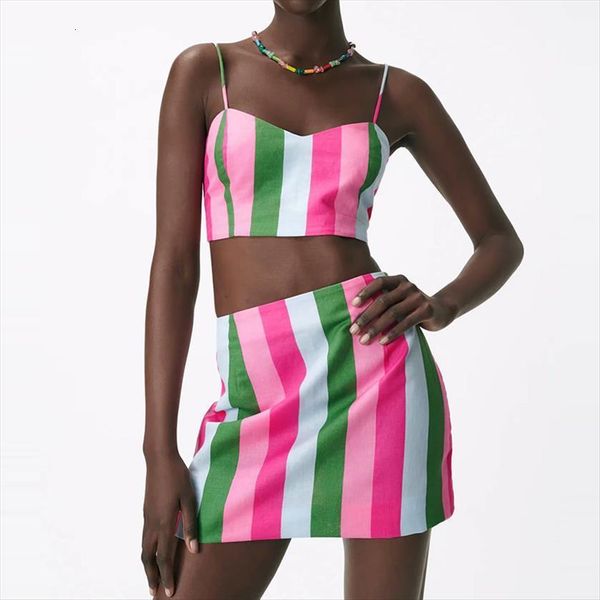 

za fashion color matching women tracksuits striped skirt set high street 2 piece camis and mini cd8117, Gray