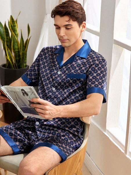 

men allover print satin pj set i1lt#, Black;brown