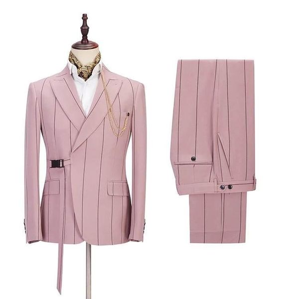 

costume homme fashion wide stripe wedding men suits with belt party prom slim fit tuxedo groom terno masculino blazer 2 pcs men's & bla, White;black
