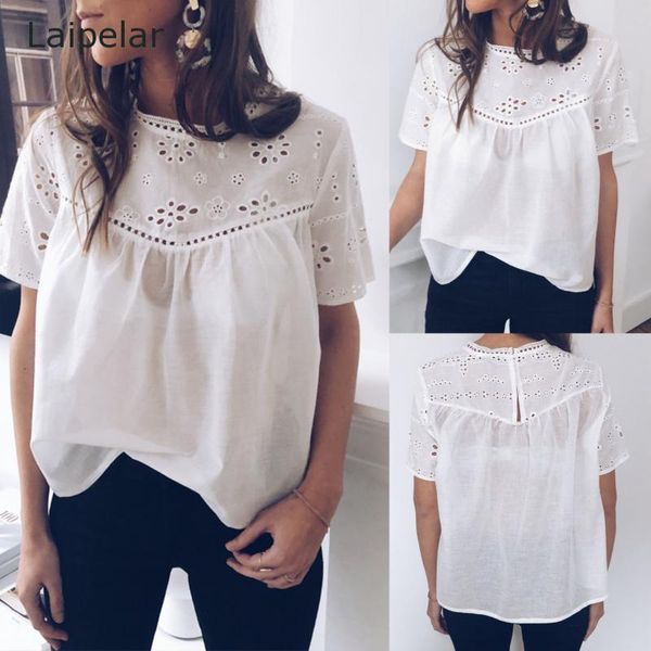 

women's blouses & shirts elegant white women and blouse summer ruffles short sleeve office blosue casual hollow out ladies blusas