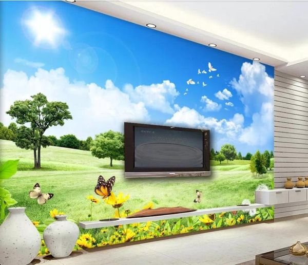 

wallpapers cjsir custom 3d wallpaper mural blue sky white clouds tree flowers butterfly tv sofa landscape wall papers home decoration