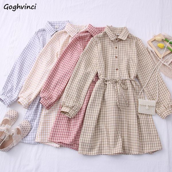 

casual dresses dress women plaid college style leisure classi turn-down collar student vintage high-waist lace-up long sleeve spring clothin, Black;gray