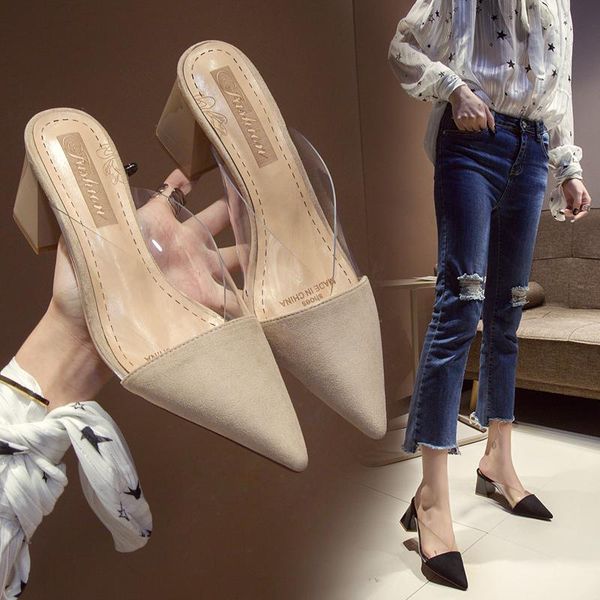

summer fashion casual slippers women sandals transparent chammy 7cm high heels pointed ladies shoes flip flops thick heel, Black