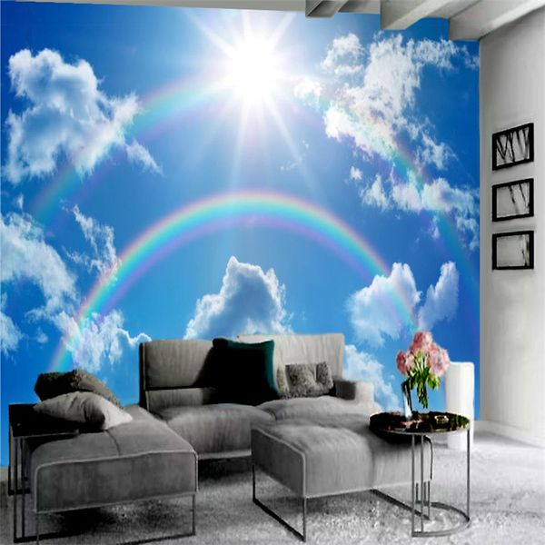 3D papel de parede céu azul nuvens branca nuvens lindo arco-íris paisagem romântica jardim de casa personalizado padrão e tamanho decoração seda adesivo de seda pintura