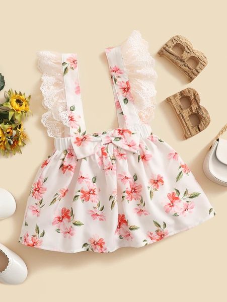 

baby floral print embroidery mesh ruffle trim bow front dress she, Red;yellow