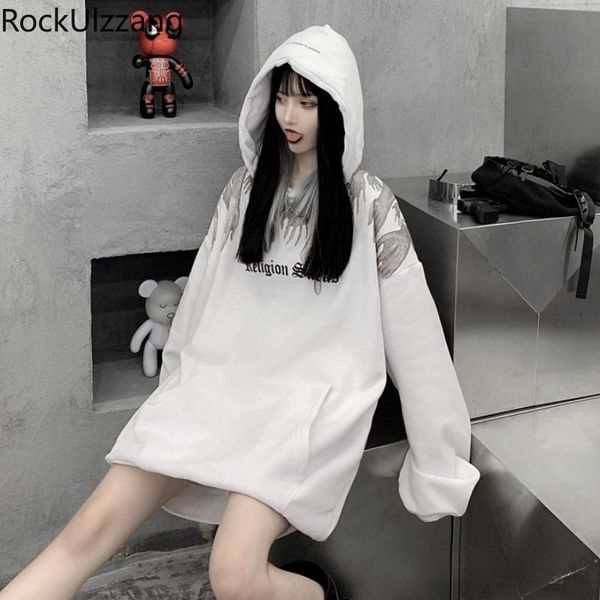 

fall harajuku streetwear oversized dark hand graphic print punk hip hop sweatshirt pullover hoodies women man pocket hooded women's & s, Black