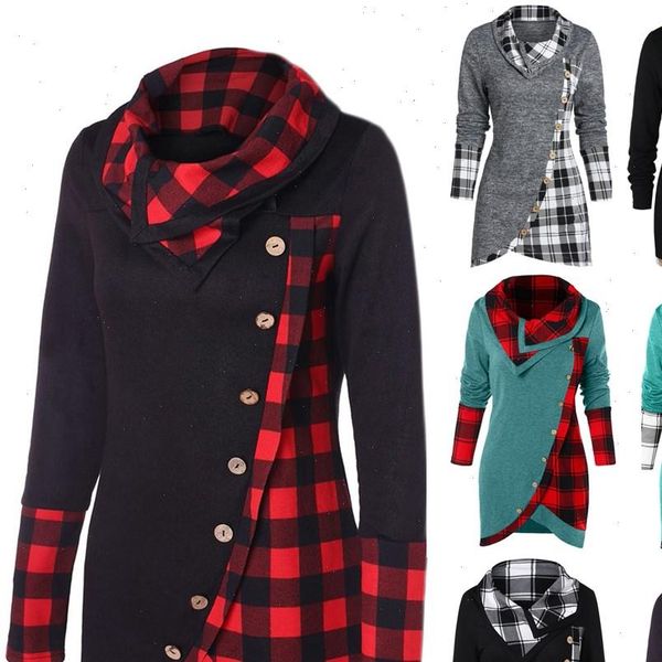 

long sleeve plaid turtleneck tartan women shirts tunic pullover winter autumn femme 30, White