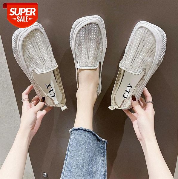 

women's single shoes fashion korean style flat bottom one-step rhinestone thick breathable shallow mouth casual white #il5g, Black