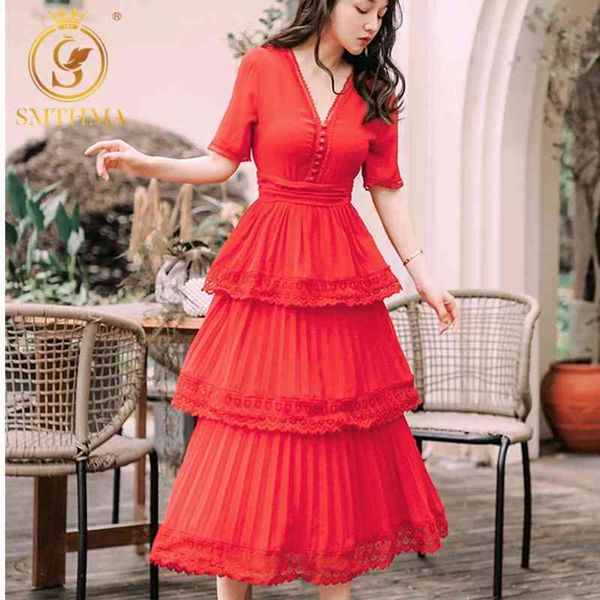 Summer Self Portrait Runway Abito plissettato Donna Chiffon Patchwork Pizzo Cascading Ruffles Lungo Slim Red Cake es 210520