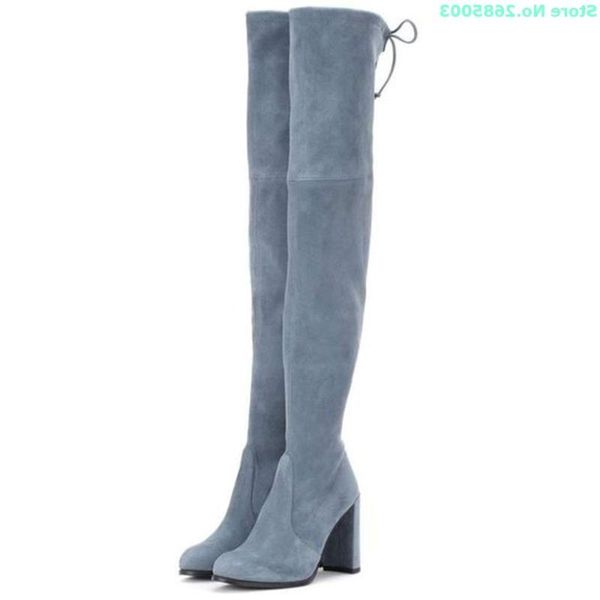 

boots suede lace up solid round toe square heels over the knee slip on women concise autume winter party dress shoes, Black