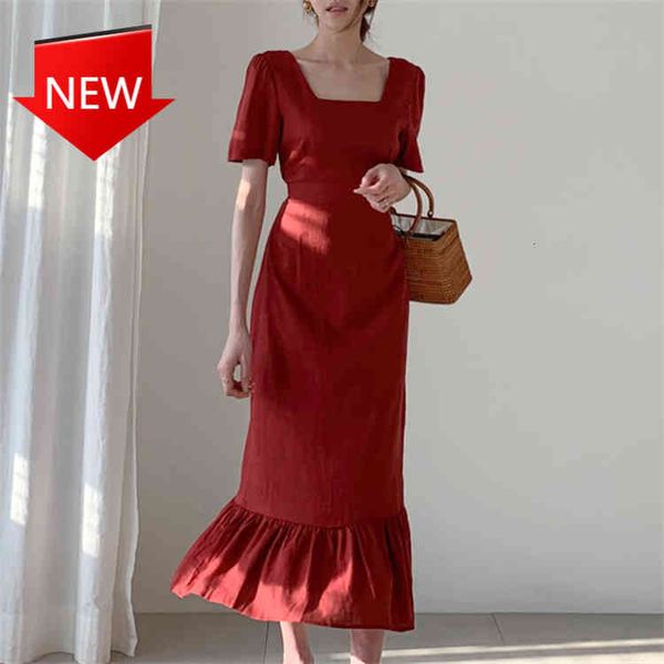 

square neck trumpet cotton linen 2021 dress feminine spring summer lace up high waist arch, Black;gray